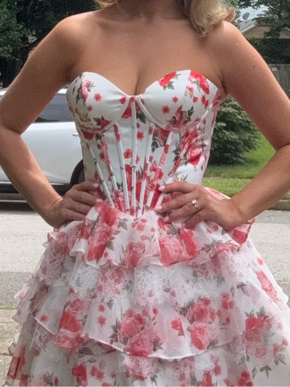 Jovani One of Kind Sample - White Floral Ruffle Party Dress with Pink Roses - Picture 3 of 3